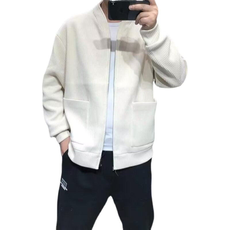 Men's Ribbed Zip Cardigan with Standing Collar and Patch Pockets Mune Fashion