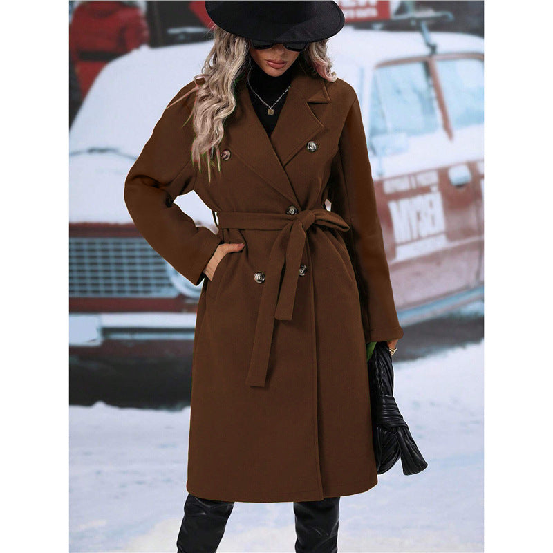Women's double-breasted wool coat with belt and wide lapel collar Mune Fashion