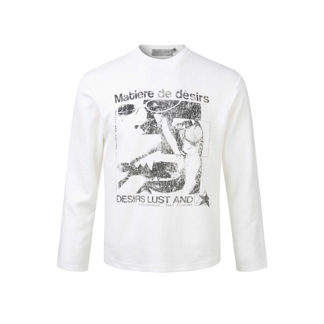 Unisex Ribbed Long Sleeve Shirt with Crew Neck and Distressed Graphic Print Mune Fashion