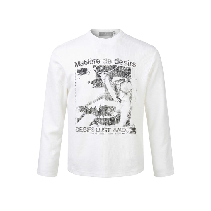 Unisex Ribbed Long Sleeve Shirt with Crew Neck and Distressed Graphic Print Mune Fashion
