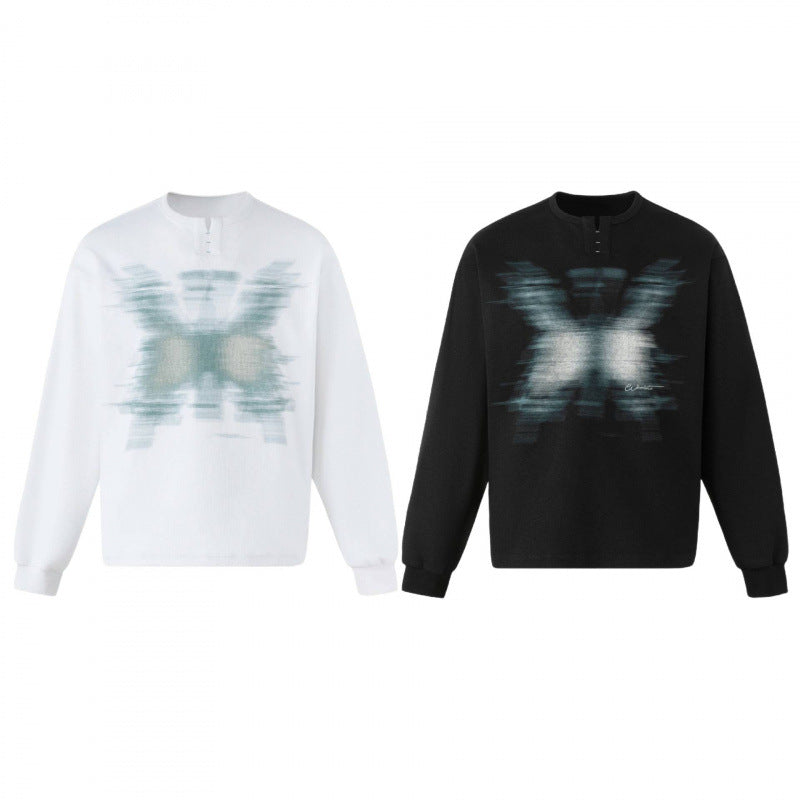 Unisex Oversize Sweatshirt with Henley Neckline and Blurry Butterfly Print Mune Fashion