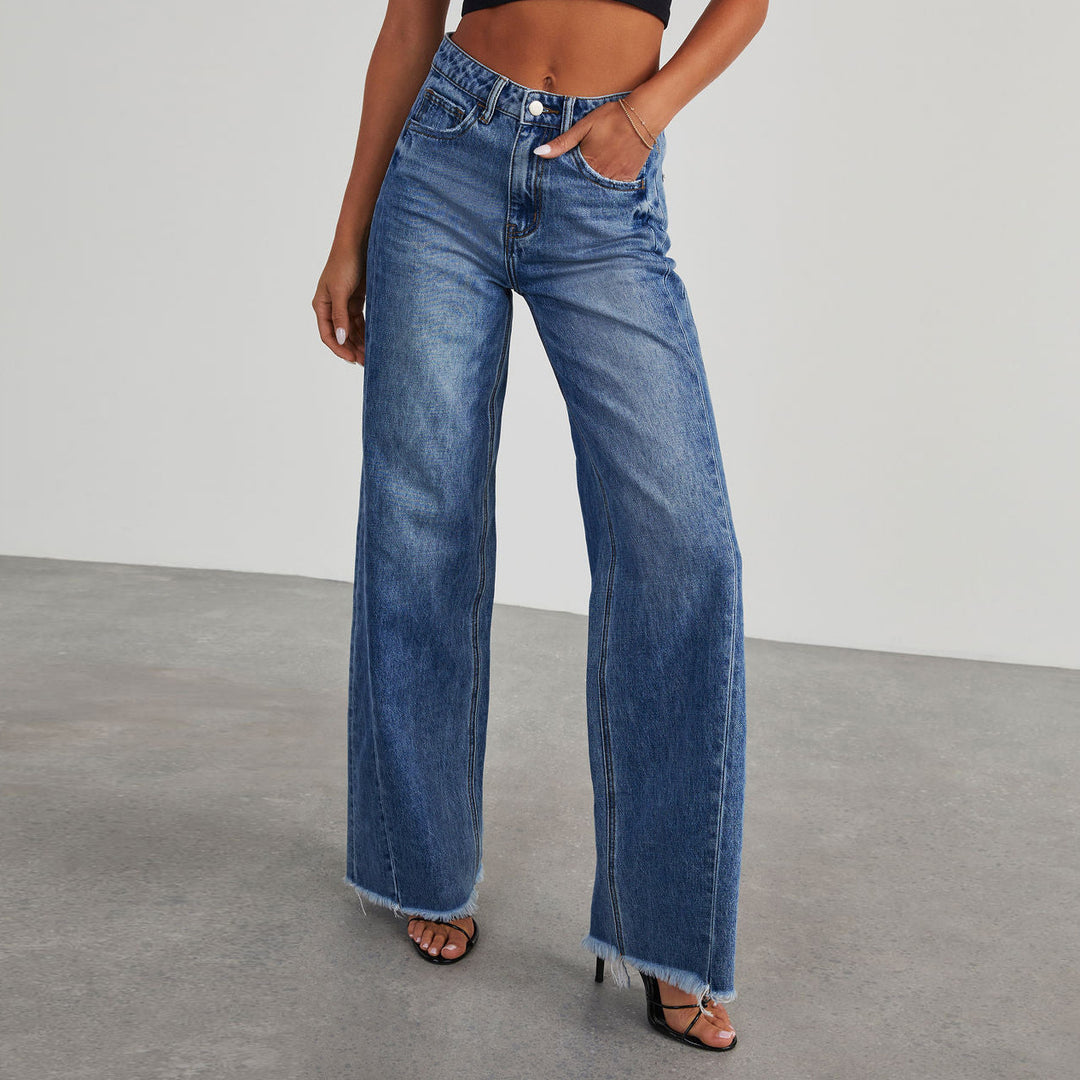 Women's high-waisted wide-leg jeans with raw fringe hem and straight leg Mune Fashion