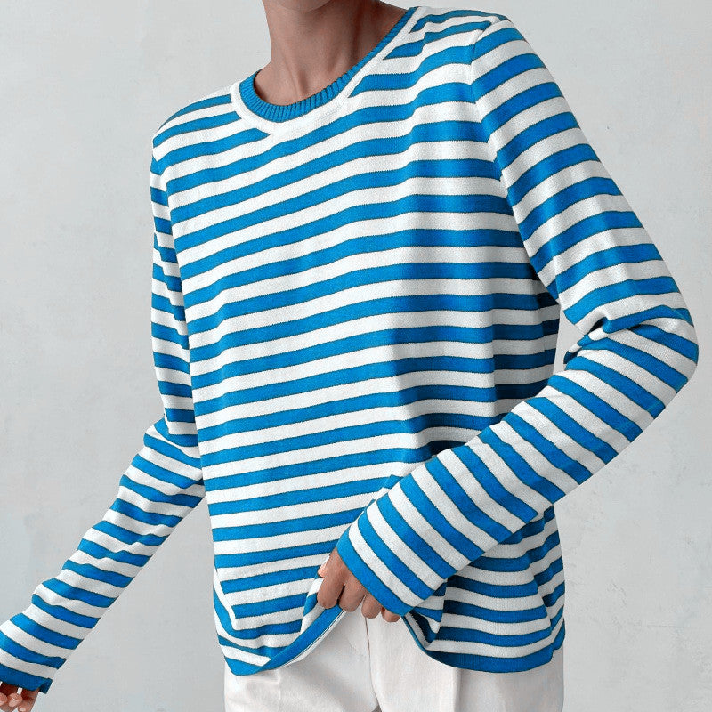Women's striped cotton sweater with round neck and relaxed fit Mune Fashion