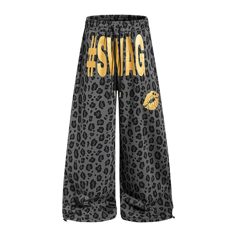 Women's Wide Palazzo Sweatpants in Leopard Print with High Comfort Waistband, Drawstring and Golden Statement Print Mune Fashion