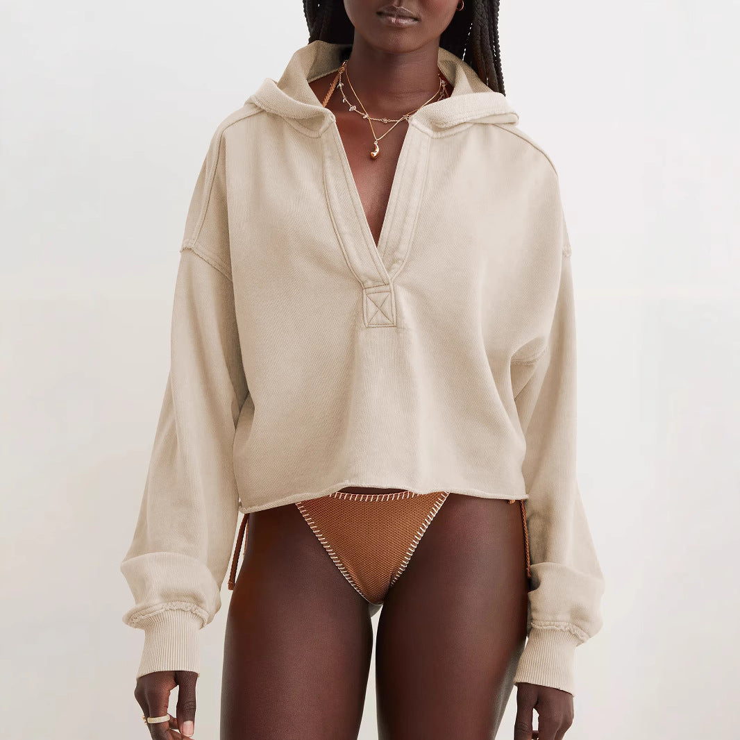 Women Oversize Hooded Sweatshirt with Deep V-Neck, Open Placket and Raw Hem Mune Fashion