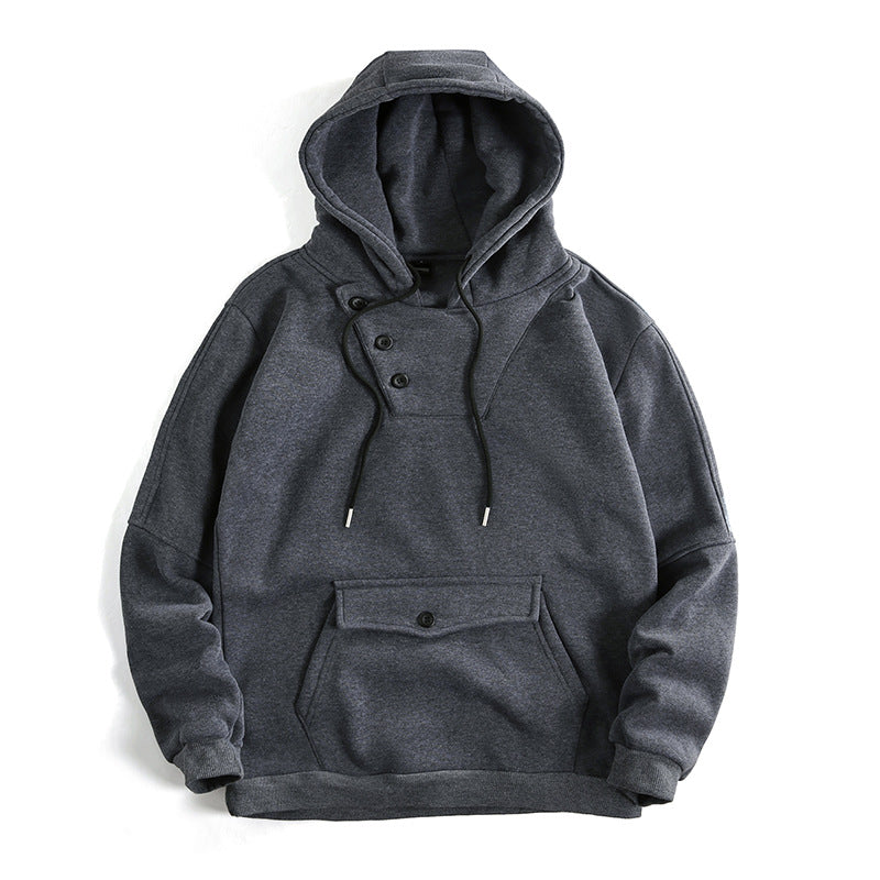 Men's Oversized Cotton Fleece Hoodie with Asymmetric Button Placket and Patch Kangaroo Pocket Mune Fashion