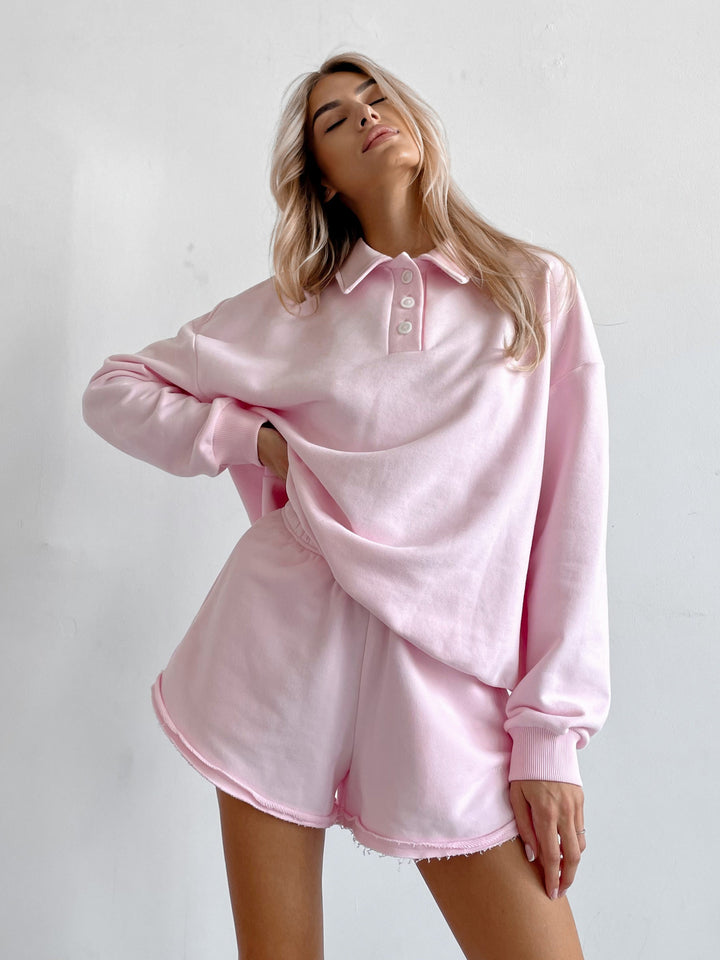 Women Polo Sweatshirt and frayed High-Waist Lounge Shorts Set Mune Fashion