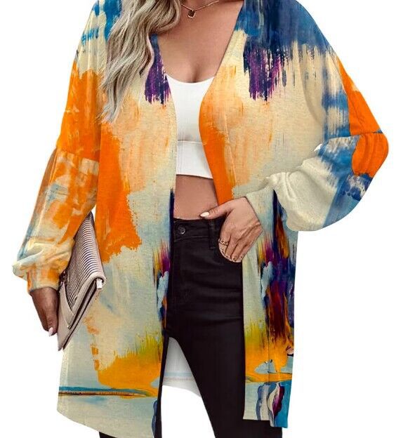 Women Lightweight Open Long Cardigan with Feather Motif and Oversized Sleeves Mune Fashion