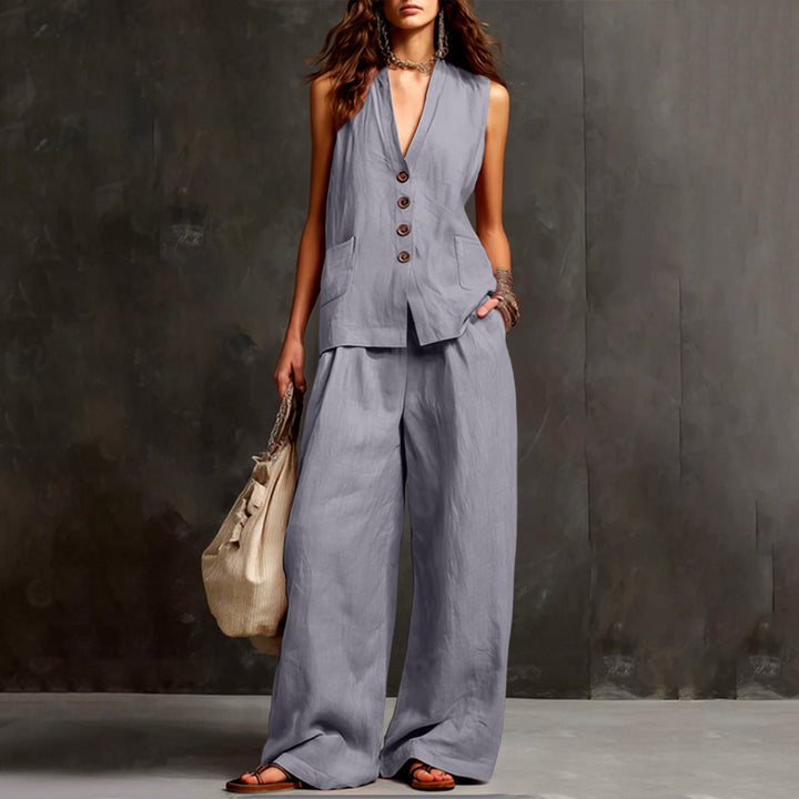 Women's Sleeveless Longline Waistcoat and Palazzo Pants Set in Linen Look Mune Fashion