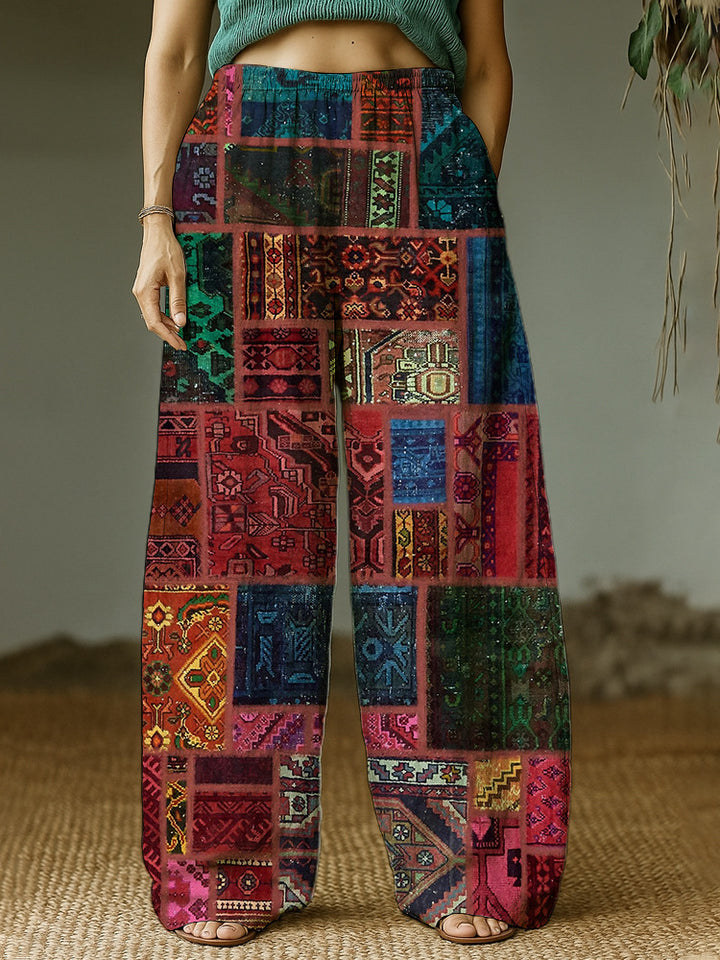Women's Wide Leisure Pants with Ethnic Patchwork Pattern Mune Fashion
