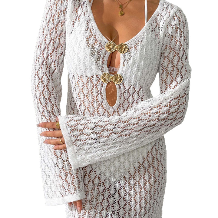 Women's Crochet Beach Dress with Deep V-Neck and Elegant Buttons Mune Fashion