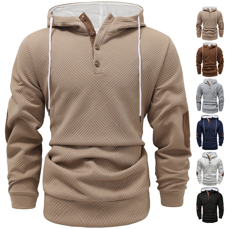 Men's structured hoodie in Henley style with contrast trim and elbow patches Mune Fashion