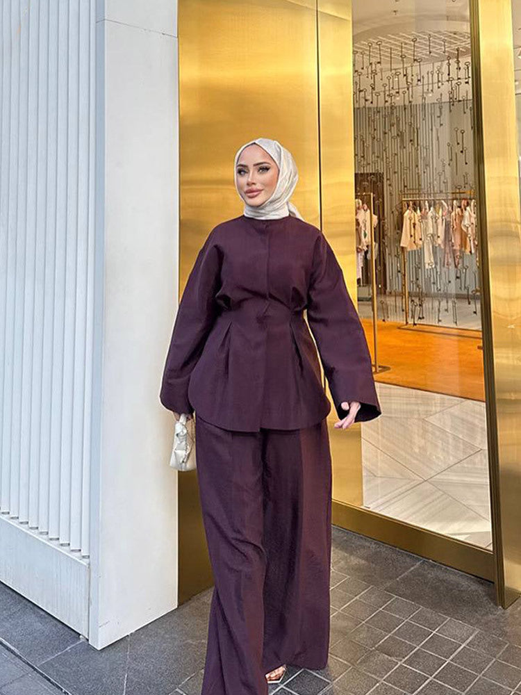 Ladies two-piece linen set with tailored pleat, wide leg and zip jacket Mune Fashion