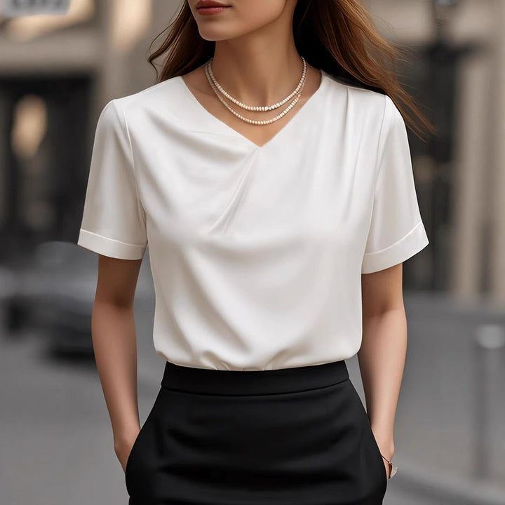 Women Elegant V Neck Blouse Shirt with Short Sleeve Design Mune Fashion