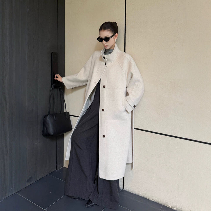 Women's Oversized Wool Coat with Stand-Up Collar and Large Flap Pockets Mune Fashion