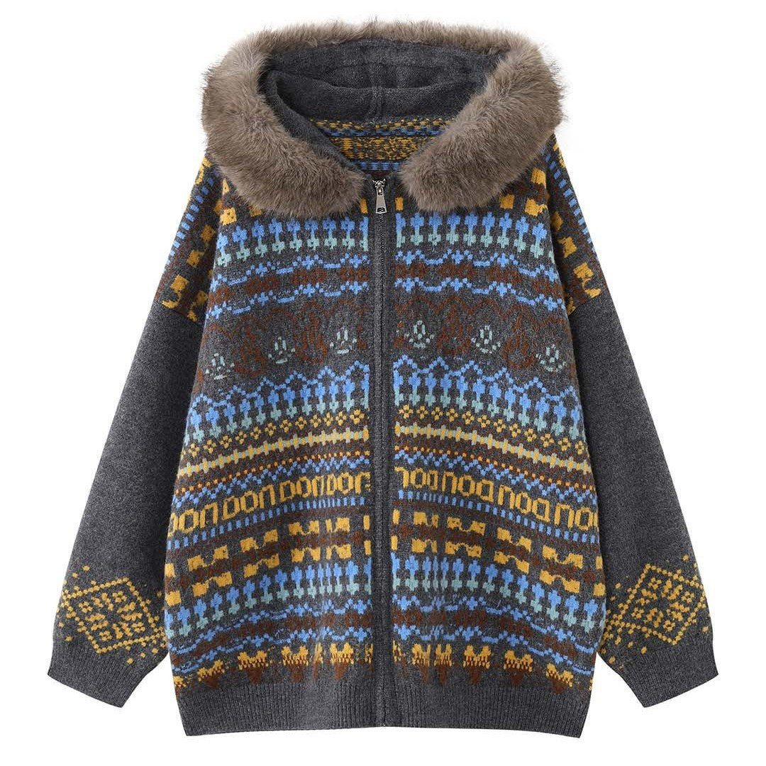 Women's patterned cardigan with faux fur hood and zipper Mune Fashion