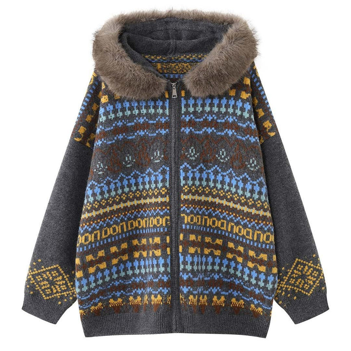 Women's patterned cardigan with faux fur hood and zipper Mune Fashion