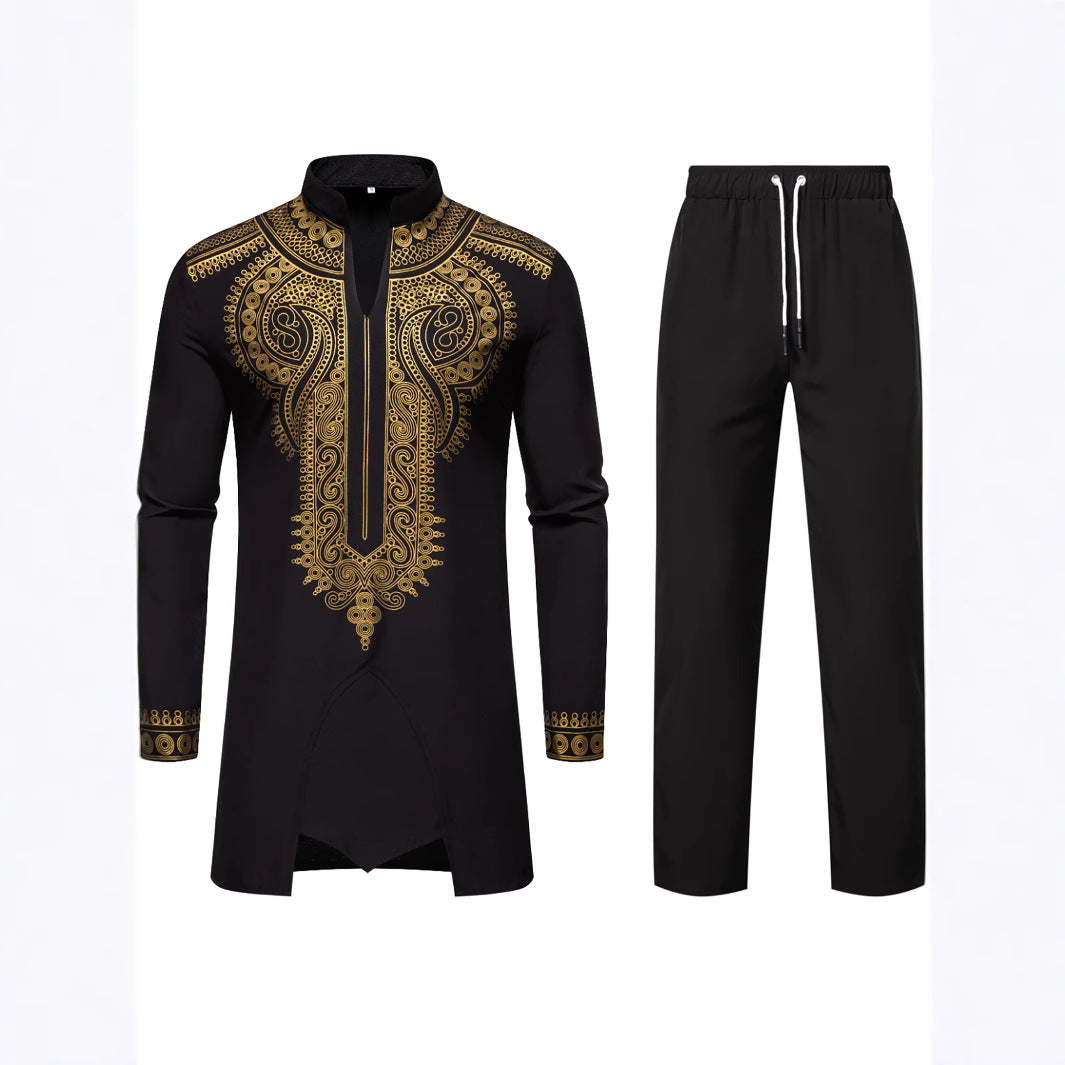 Men's Traditional Embroidered Tunic Set with Mandarin Collar and Elastic Pants Mune Fashion