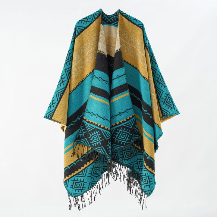 Women Woven Jacquard Poncho with Geometric Ethno Pattern and Fringed Hem Mune Fashion