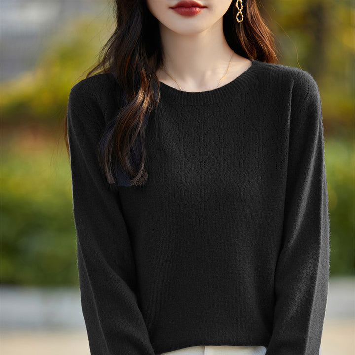 Women's Soft Round Neck Sweater in Cashmere Look with Fine Openwork Pattern and Snug Fit Mune Fashion