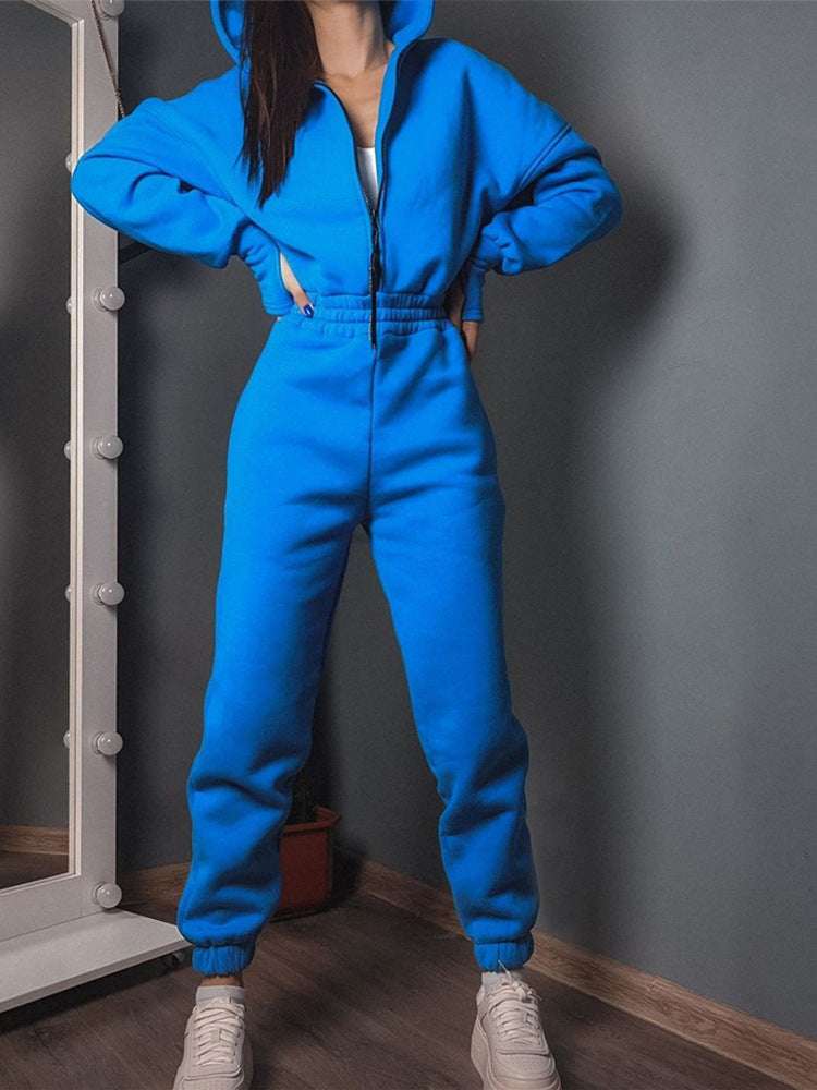 Ladies Tailored Hooded Sweat Jumpsuit with Zipper and Elastic Waistband Mune Fashion