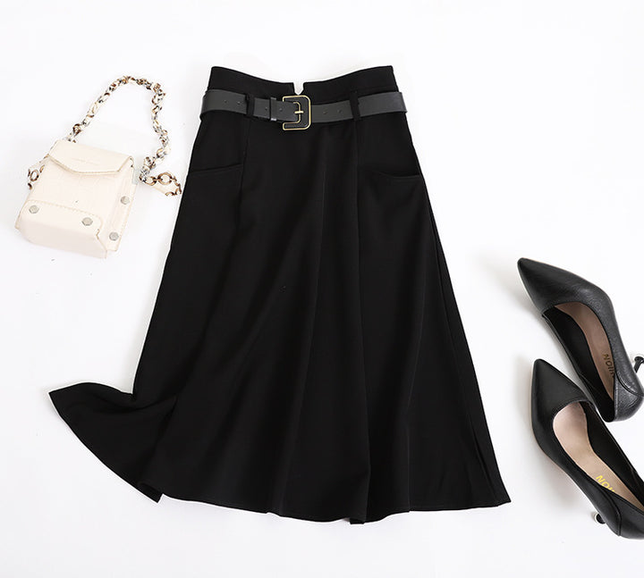 Women's high-waisted flared midi skirt with wide decorative belt, side pockets and flowing drape Mune Fashion