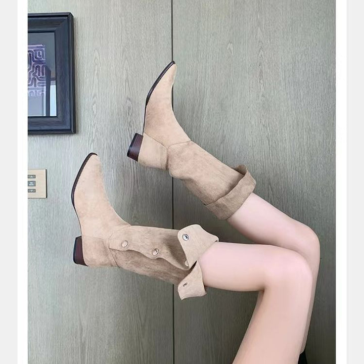 Women knee-high suede boots with foldable cuff and pointed toe Mune Fashion