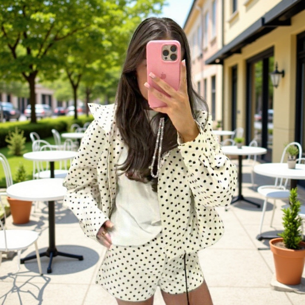Women Two-Piece Polka Dot Blazer and Shorts Set with Volume Sleeves and High Waist Mune Fashion