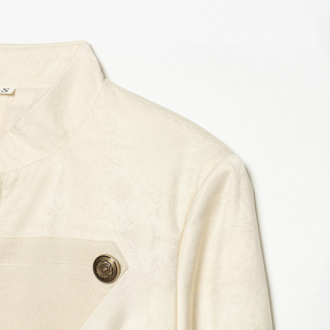 Women's Boxy-Cropped Jacquard Jacket with Stand Collar and Decorative Button Placket Mune Fashion