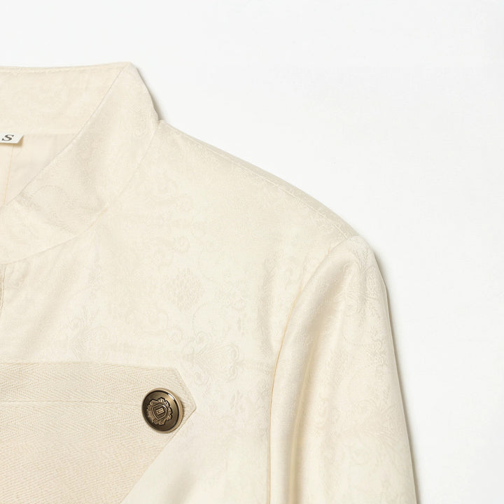 Women's Boxy-Cropped Jacquard Jacket with Stand Collar and Decorative Button Placket Mune Fashion