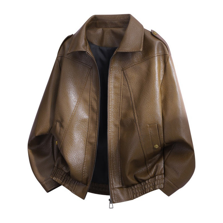 Men's Oversized Faux Leather Bomber Jacket with Epaulettes, Elastic Hem & Metal Buttons Mune Fashion