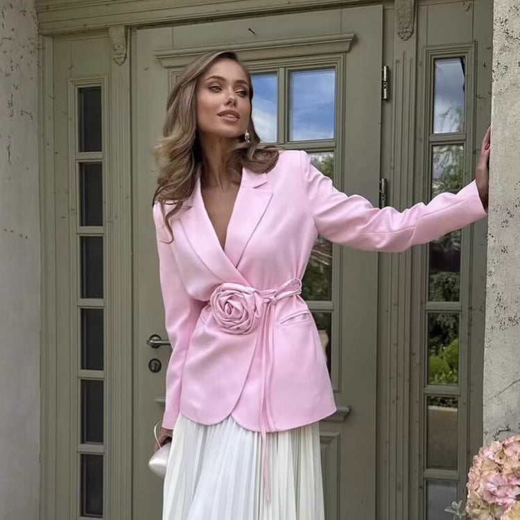 Women's tailored blazer with decorative rose appliqué and tie belt Mune Fashion