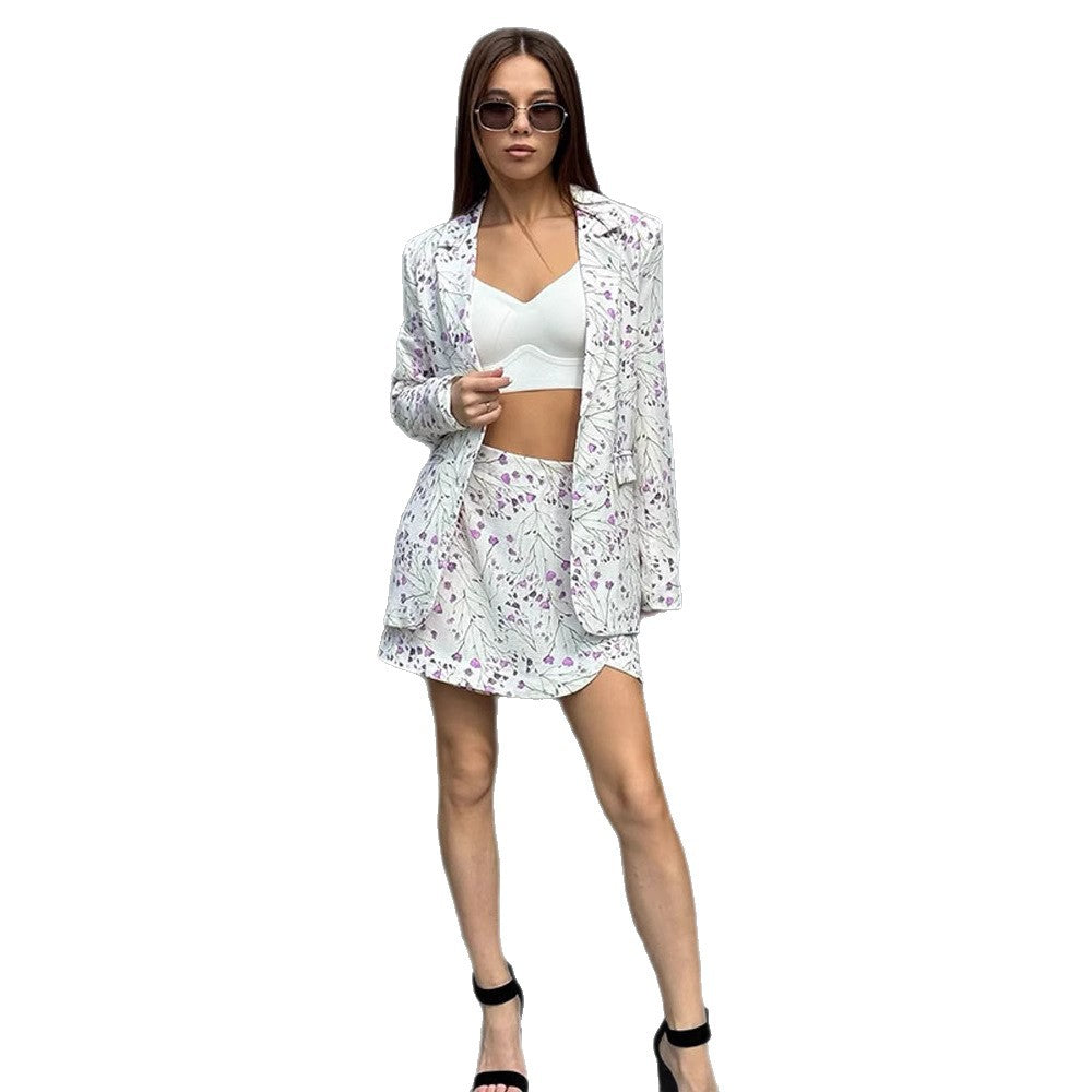 Women Floral Blazer and Mini Skirt Set made of textured Cotton Blend Mune Fashion