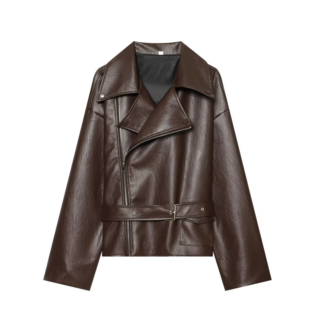 Women's oversized biker jacket made of synthetic leather with a fitted belt and asymmetrical zipper Mune Fashion