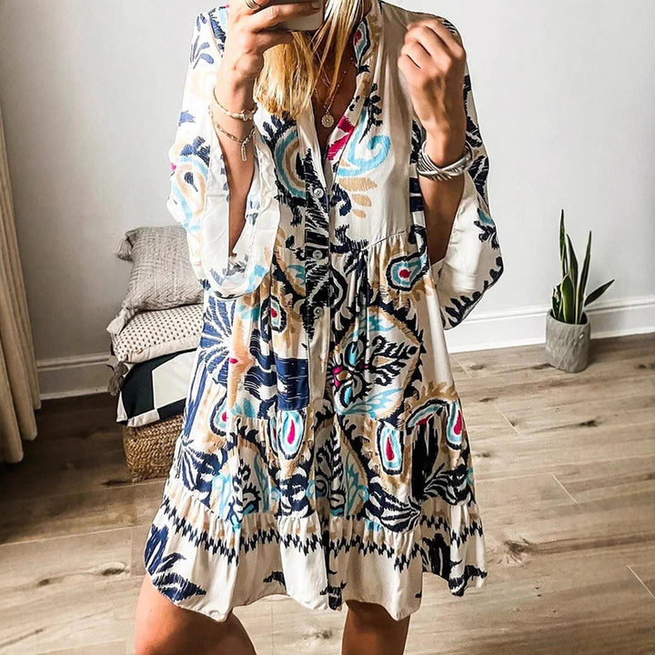 Women's Tiered Shirt Dress with Open Stand Collar, Button Placket and Three-Quarter Bell Sleeves Mune Fashion