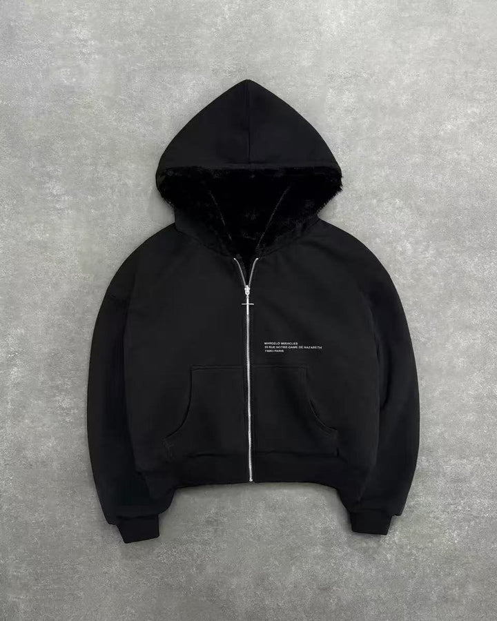 Unisex hooded sweatshirt jacket with faux fur lining, cropped cut and cross zipper Mune Fashion