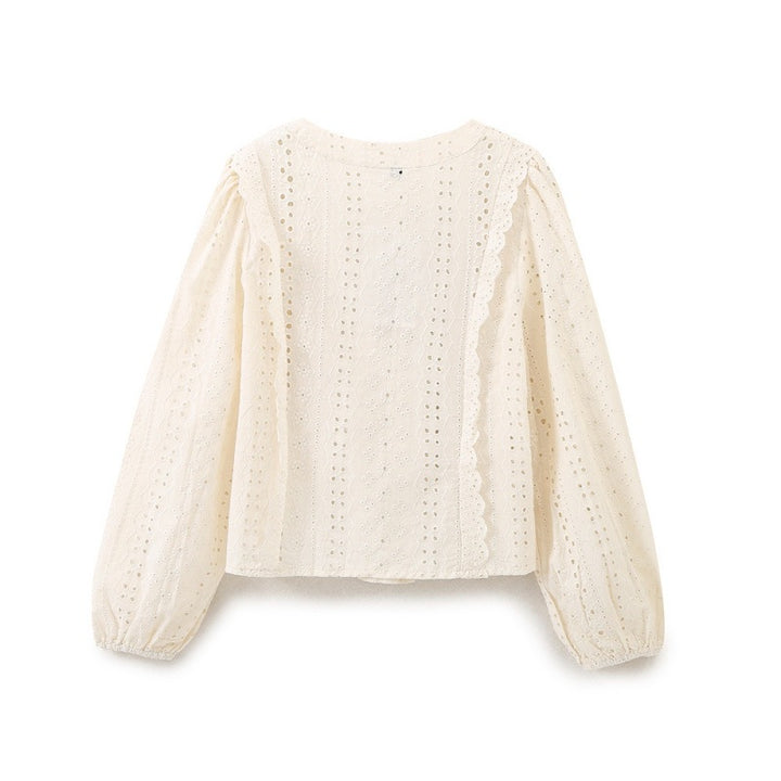 Ladies Broderie Anglaise Cotton Blouse with Ruffle Trim and Balloon Sleeves Mune Fashion