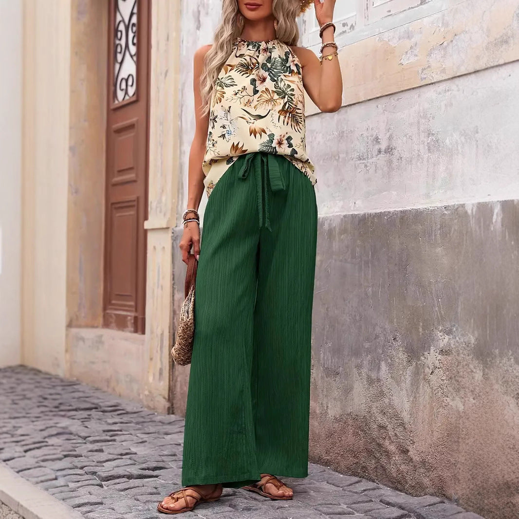 Women wide linen pants with drawstring and pleat look Mune Fashion