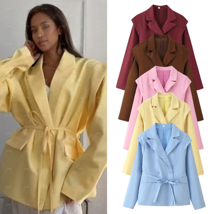 Women Tailored Belted Blazer with Double Button Placket and Notched Lapel Mune Fashion