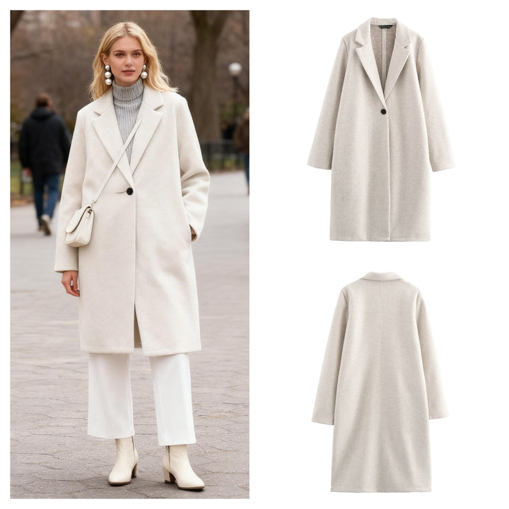 Ladies Purist longline coat with lapel collar, single button closure and soft felt finish Mune Fashion