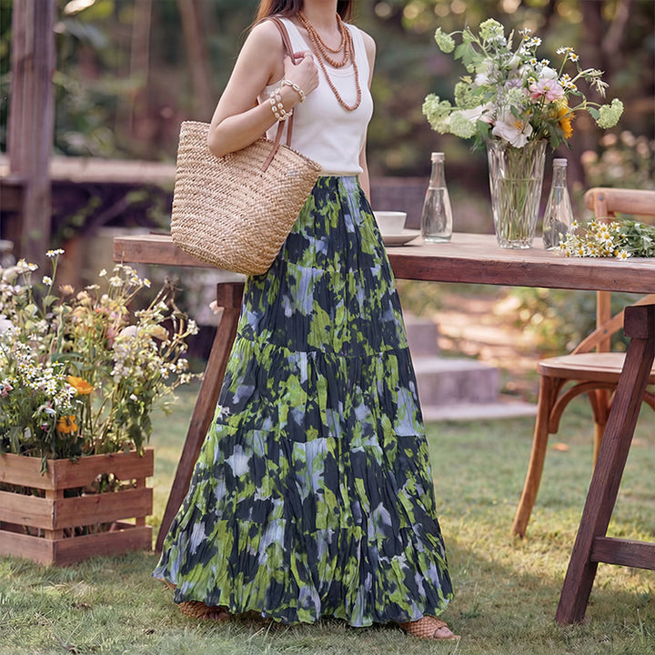 Women's flowing midi maxi skirt with multi-layered tiered design and fine pleated look Mune Fashion