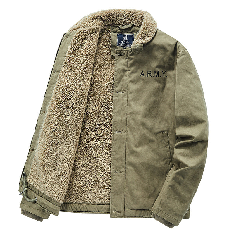 Men's padded field jacket with teddy lining, concealed two-way zipper and drawstring hem.