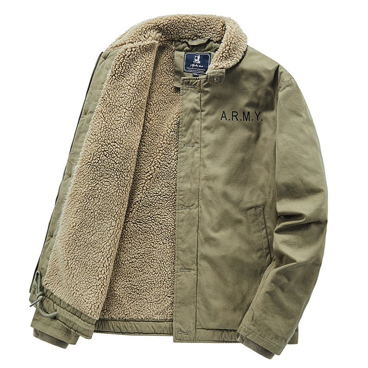 Men's padded field jacket with teddy lining, concealed two-way zipper and drawstring hem.