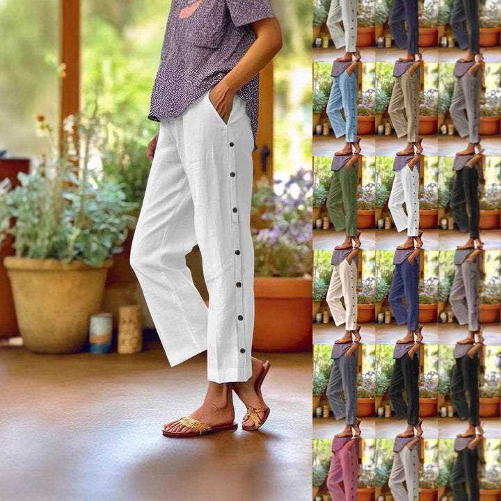 Women Light Linen Blend Pants with Side Button Placket and Straight Cropped Cut Mune Fashion