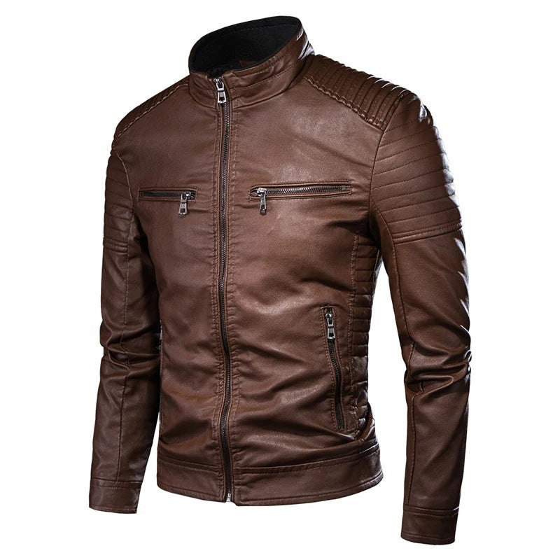 Men's Slim-Fit Biker Leather Jacket with Stand Collar and Quilted Shoulder Area Mune Fashion