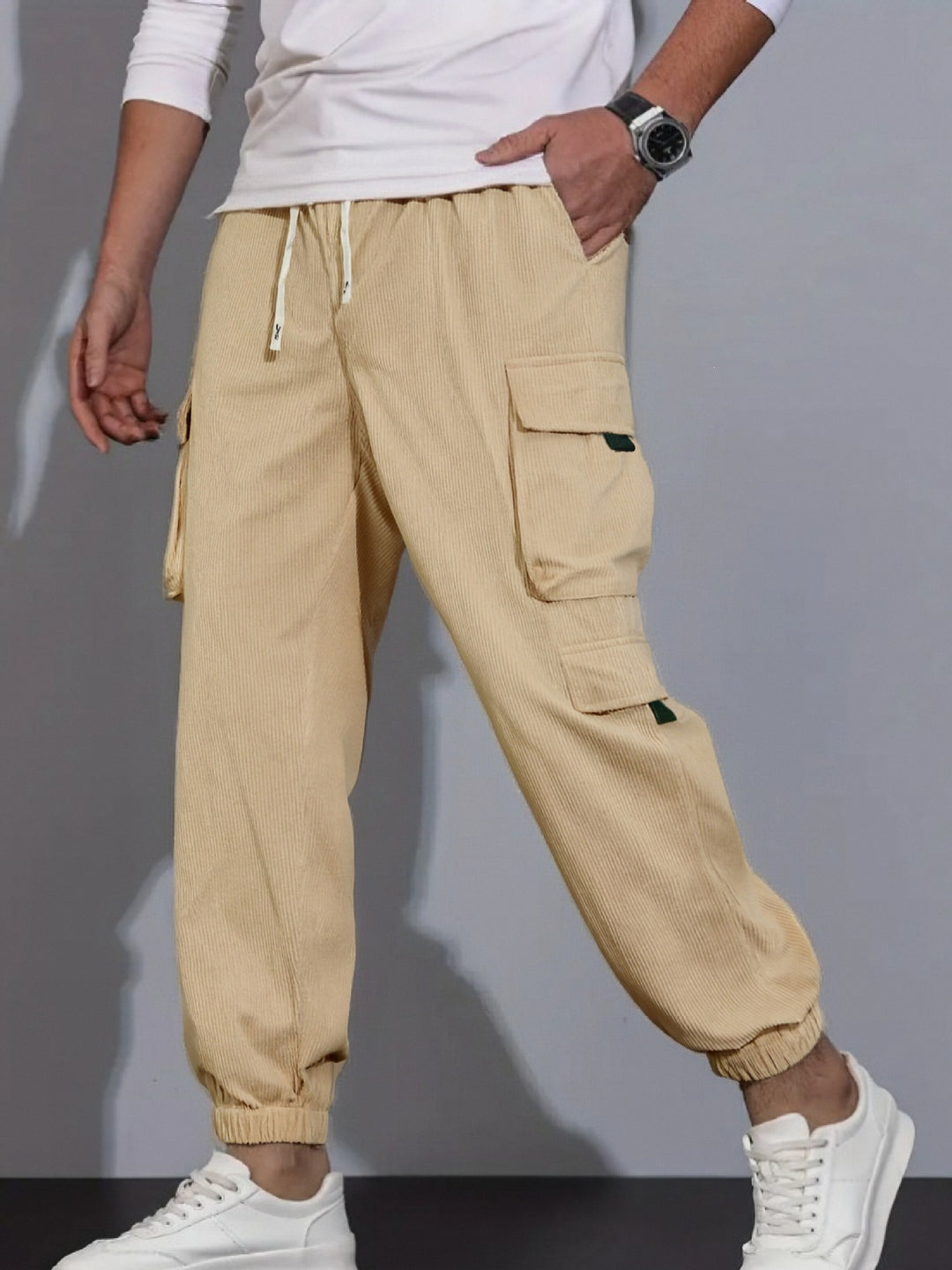 Men's Cord-Cargo-Jogging Pants with Drawstring and Multifunctional Flap & Zipper Pockets Mune Fashion