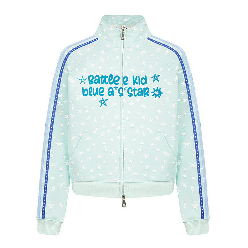 Women's sweat jacket in retro track style with stand-up collar, star print, and contrast stripes.