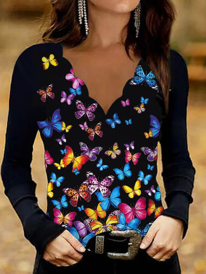 Women's Glitter Intarsia Long Sleeve Shirt with V-Neck and Gemstone Effect Mune Fashion