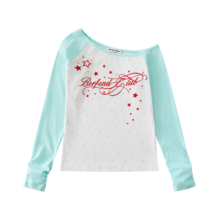 Women's raglan long-sleeve shirt with boat neck, star print, and gathered sleeves Mune Fashion
