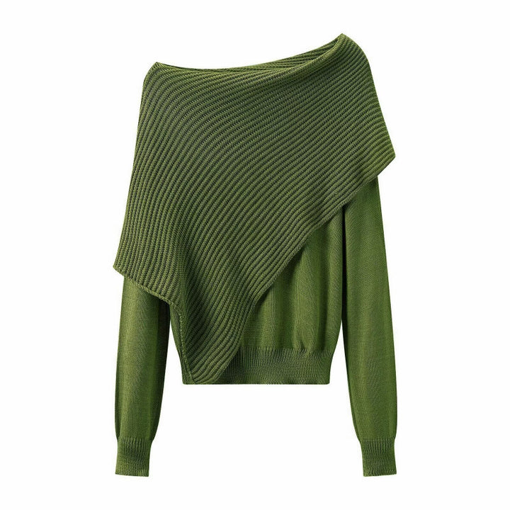 Women Asymmetrical Off-Shoulder Knit Sweater with Poncho Insert Mune Fashion